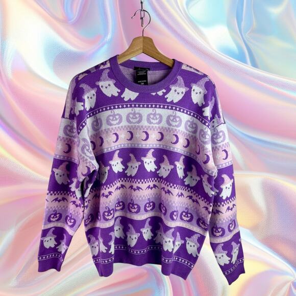 Sweet Society NWT Junior Small Pastel Ghosts & Jack-O-Lanterns Fair Isle Sweater - Picture 2 of 10